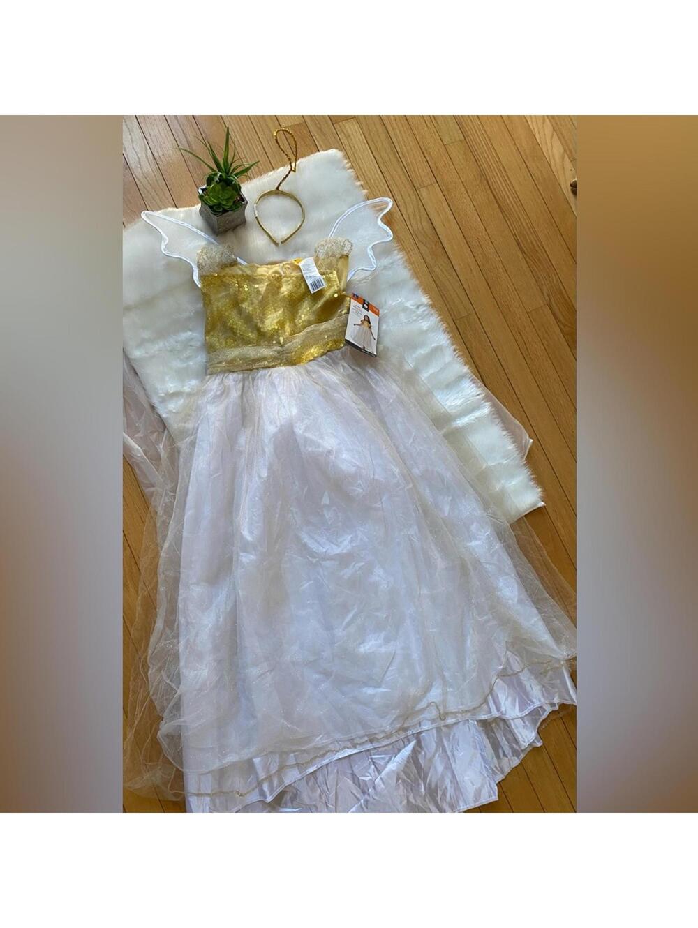 Girls Fairy Costume Dress Gold White Tulle Wings Youth Large